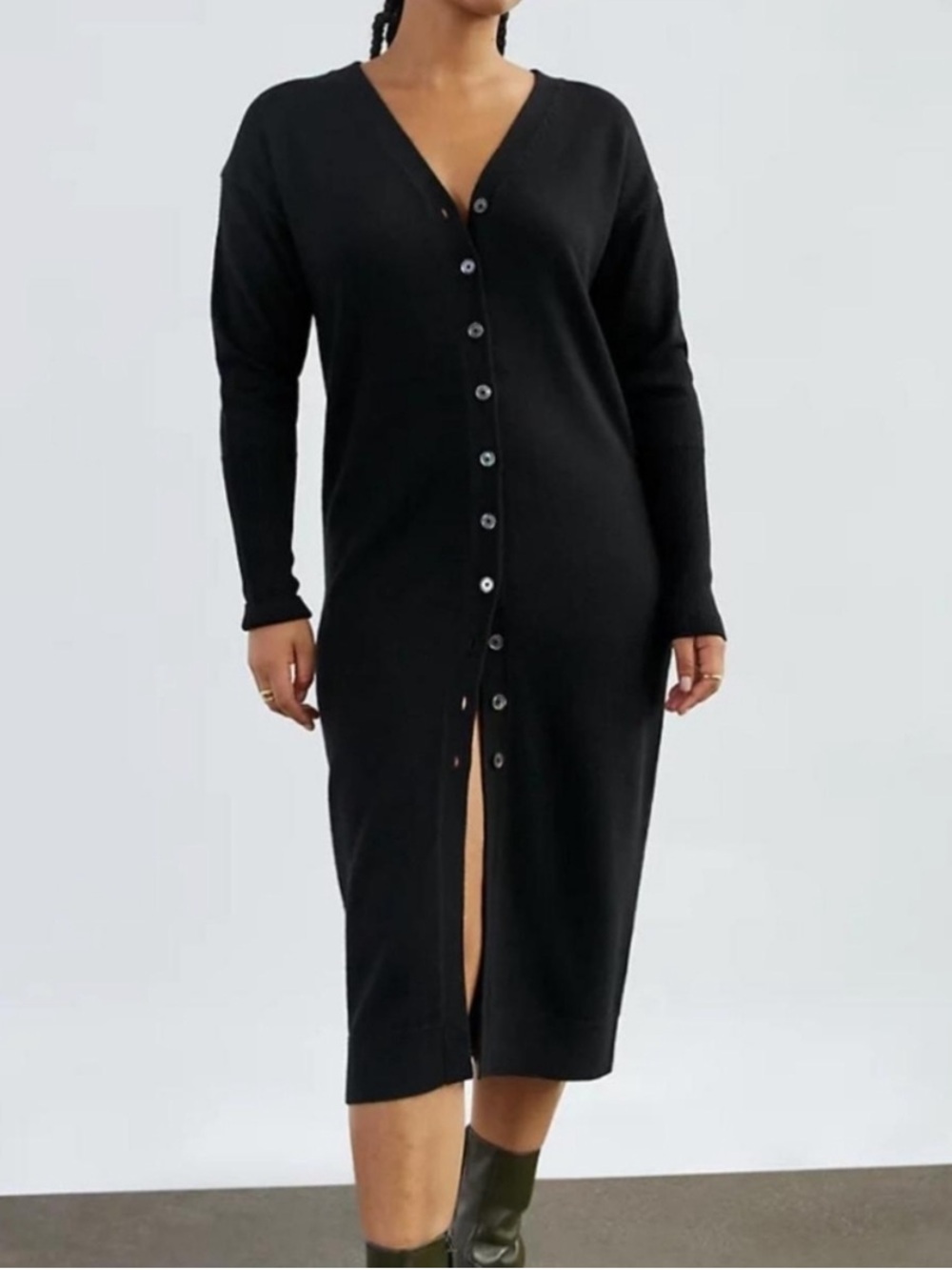 Aritzia Wilfred Black Button-Front V-Neck Wool Midi Dress